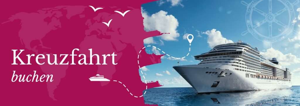Kreuzfahrt buchen beim Experten im Reisebüro Großes Kreuzfahrtschiff auf offenem Meer unter blauem Himmel.