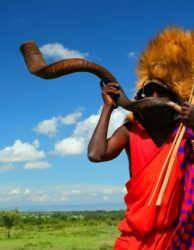 Massai-Krieger, der traditionelles Horn spielt. Afrika. Kenia. Masai Mara