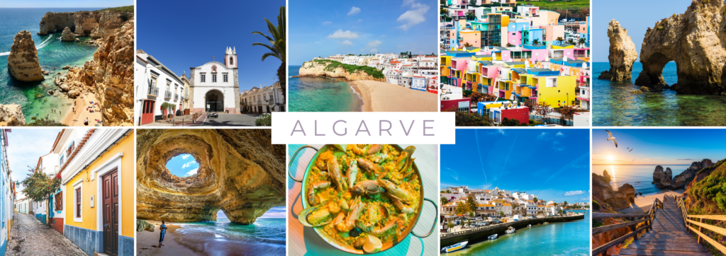 Algarve, darunter Strände, bunte Häuser, historische Gebäude und traditionelle Gerichte.