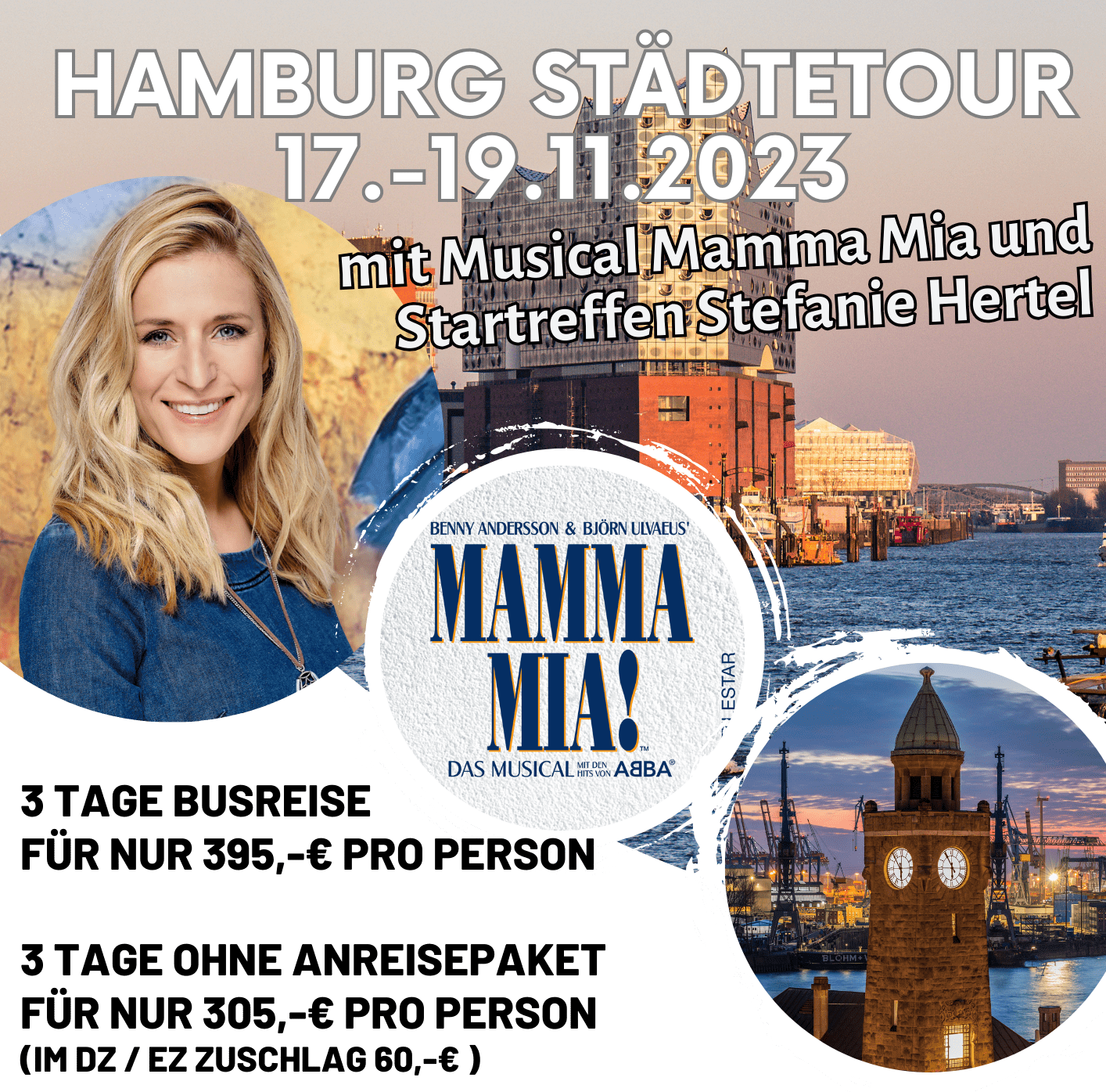 Städtische Eleganz trifft Bühnenzauber: Eintauchen in das pulsierende Leben der Hafenstadt Hamburg – auf diesem Bild sehen wir die beeindruckende Silhouette von Hamburg mit ihrer prächtigen Elbphilharmonie, die sich im Wasser spiegelt. Im Vordergrund ein lebendiger Trubel von Menschen, die sich auf den Weg zu einem Musical machen. Rechts oben, fast wie ein verspieltes Detail, die ikonischen Werbeplakate von "Mamma Mia". Und als besonderes Highlight? Ein eingefasstes Foto von der strahlenden Stefanie Hertel, die Sie persönlich treffen werden.