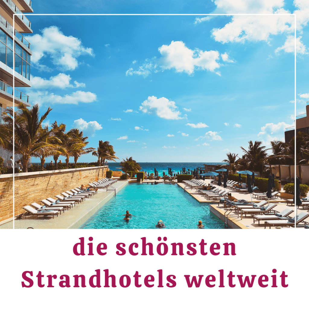 Ein luxuriöses Strandhotel mit Pool und Palmen unter einem klaren blauen Himmel, perfekt für Urlaubsreisen.