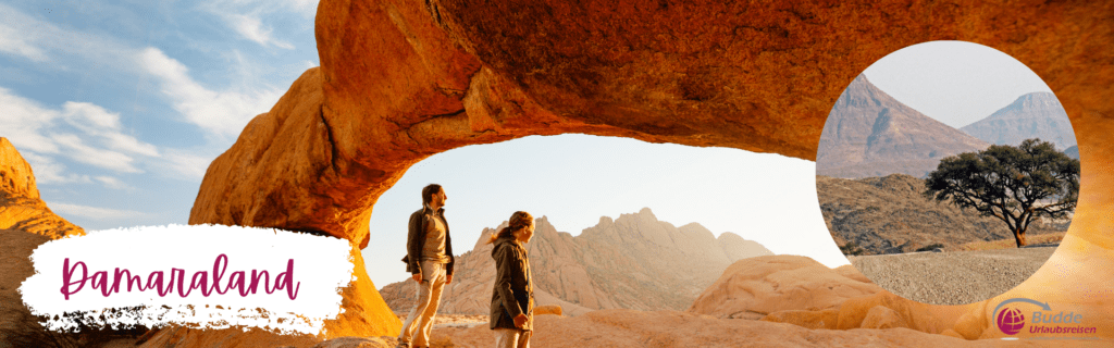Mystisches Damaraland: Wo die Natur Kunst schafft Erleben Sie Damaraland, Namibias rohes Juwel, durch dieses inspirierende Bild, das Reisende in die geologischen Wunder dieser einzigartigen Region entführt. Bewundern Sie die natürlichen Felsbögen und monolithischen Berge, die als Kulisse für Ihre Erkundungstouren in einer der ältesten Landschaften der Welt dienen. Tauchen Sie ein in die lokale Kultur Namibias und des Okavango-Deltas, während Sie durch malerische Dörfer und traditionelle Gemeinschaften reisen.