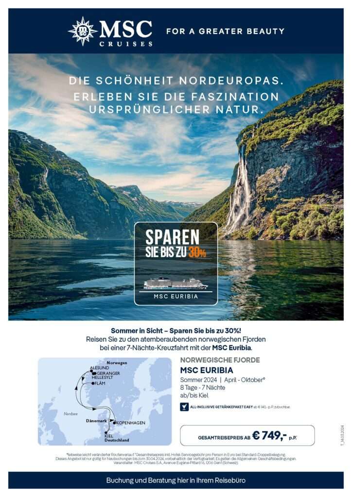 Buchen Sie eine unvergessliche Kreuzfahrt zu den norwegischen Fjorden mit MSC Euribia und sparen Sie bis zu 30%. Entdecken Sie die atemberaubende Natur Nordeuropas auf einer 7-Nächte-Reise ab Kiel – ein perfektes Sommerabenteuer für Naturliebhaber.