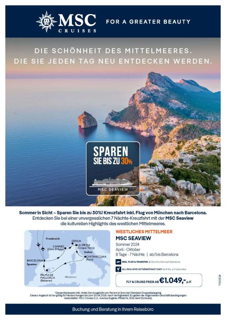 Sichern Sie sich bis zu 30% Rabatt auf eine 7-Nächte-Kreuzfahrt im westlichen Mittelmeer mit MSC Seaview. Erleben Sie die malerischen Küsten von Barcelona bis Genua, inklusive Flug von München und entdecken Sie historische Städte und kristallklares Wasser.