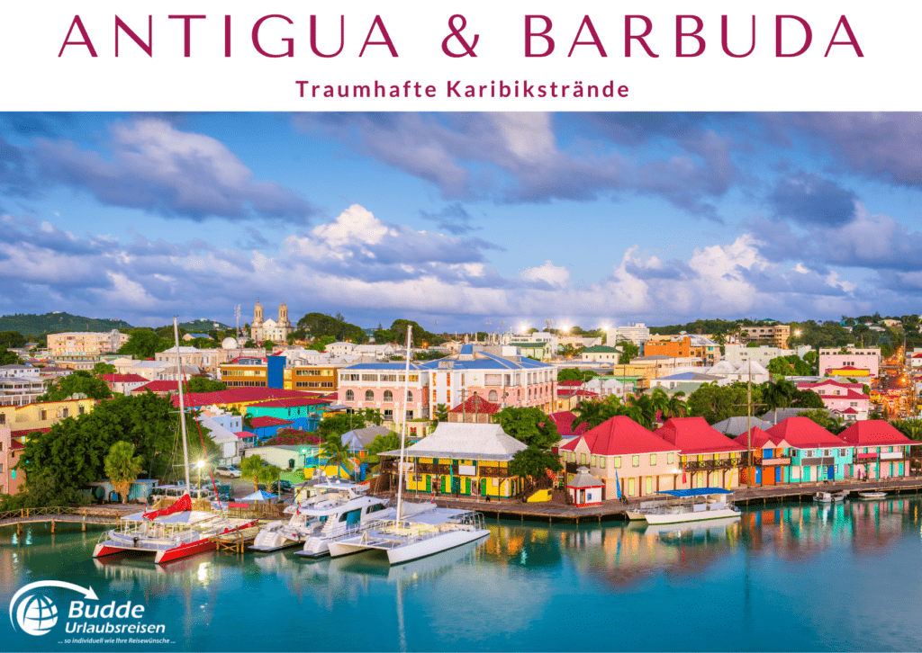 Bunte Gebäude und Yachten im Hafen von Antigua und Barbuda