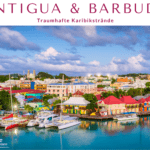 Bunte Gebäude und Yachten im Hafen von Antigua und Barbuda