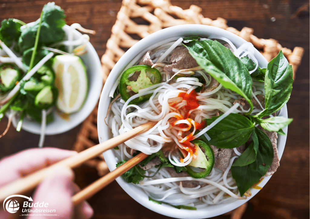 Traditionelle vietnamesische Nudelsuppe mit frischen Kräutern und Gewürzen