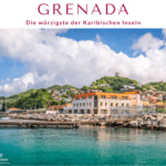 Hafenansicht von Grenada mit bunten Gebäuden und Hügeln im Hintergrund.