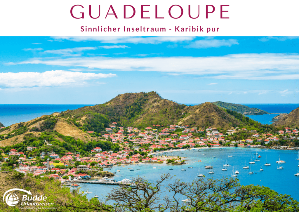 Blick auf die Küste von Guadeloupe mit bunten Häusern und Booten im Wasser.