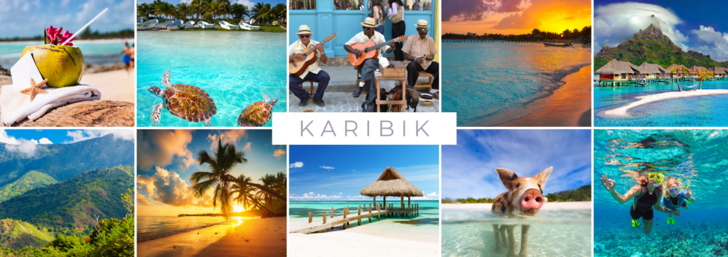 Karibik mit Palmen, Stränden, kristallklarem Wasser und tropischen Szenen.