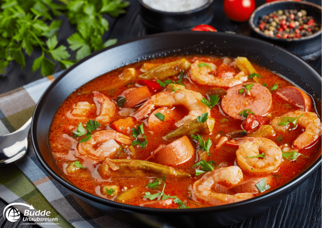 Würziger Gumbo mit Shrimps und Wurst in New Orleans.