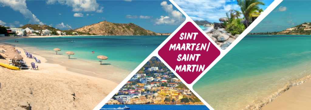 Saint Martin/Sint Maarten mit Stränden, einer Küstenlinie und tropischen Szenen.