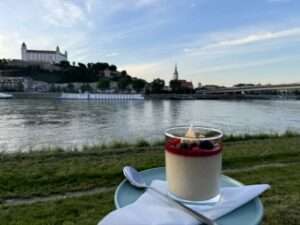 Dessert mit Blick auf die Donau und die Burg Bratislava.
