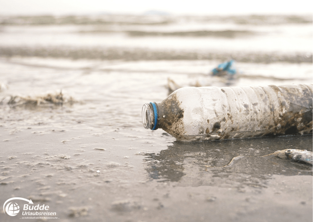 Eine einzelne Plastikflasche liegt verschmutzt am Strand.