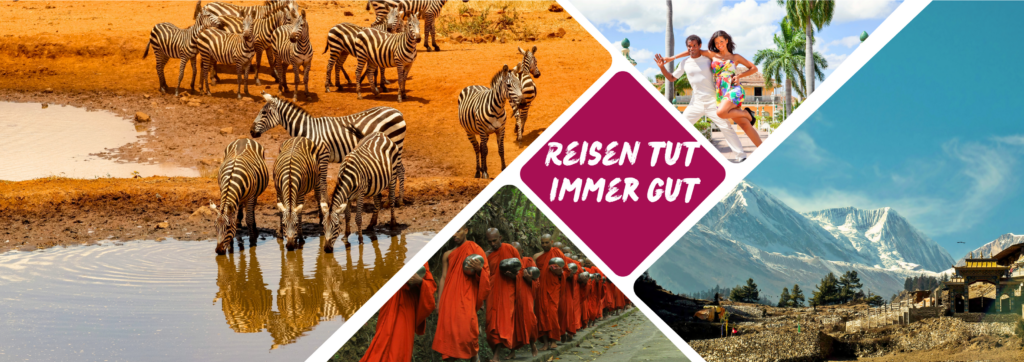 Fotocollage mit Safari-Zebras, tanzendem Paar, buddhistischen Mönchen und Himalaya-Berglandschaft - Reisen mit dem Reiserveranstalter DIAMIR Erlebnisreisen
