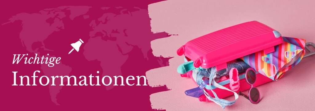 Rosa Reisekoffer, der überfüllt mit bunten Kleidungsstücken und Accessoires ist. FTI Reiseinformationen von Ihrem Reisebüro