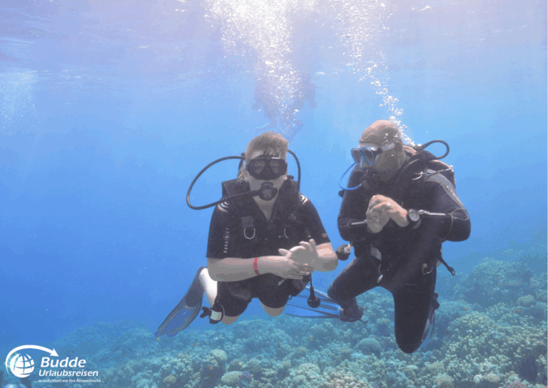 Ägypten Urlaub: Zwei Taucher unter Wasser in Hurghada, Ägypten, umgeben von Korallenriffen. - buchbar im Reisebüro Budde Urlaubseisen