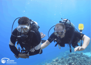 Ägypten Urlaub: Zwei Taucher mit Tauchausrüstung schwimmen unter Wasser in Hurghada, Ägypten. - buchbar im Reisebüro Budde Urlaubseisen