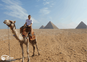 Ägypten Urlaub: Ein Mann sitzt auf einem Kamel in der Wüste vor den Pyramiden von Gizeh. - buchbar im Reisebüro Budde Urlaubseisen