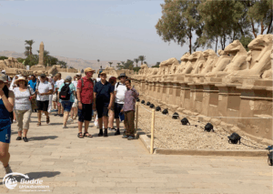 Eine Gruppe von Touristen, die entlang einer Reihe von Löwenstatuen am Luxor-Tempel in Ägypten geht. - Urlaub in Ägypten buchen