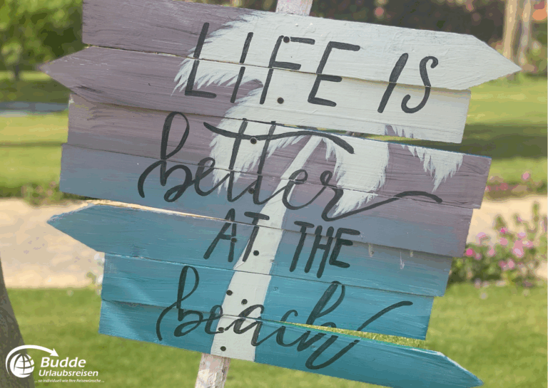 Ägypten Urlaub: Buntes Holzschild mit der Aufschrift 'Life is better at the beach' in einer Gartenlandschaft. - buchbar im Reisebüro Budde Urlaubseisen