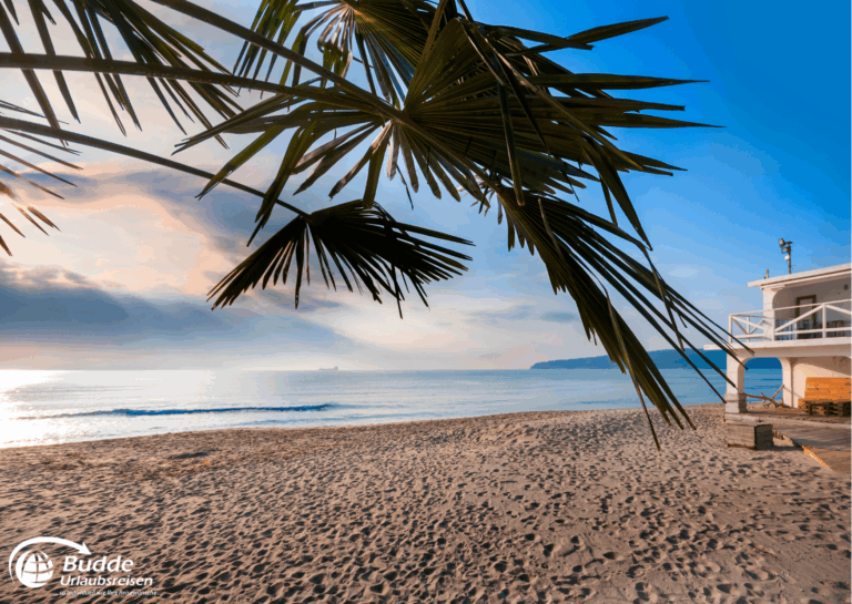 Liebesurlaub Bulgarien – Strand mit Palmenblick und weichem Sand.
