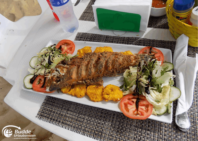 Adults only Hotels Dominikanische Republik – frischer Fisch mit Gemüse auf dem Teller.