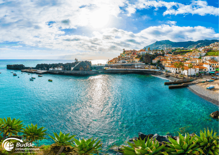 Langzeitreise buchen: Panoramaansicht von Madeira mit Küstenlinie, Booten im Wasser und Häusern am Hang. - buchbar im Reisebüro Budde Urlaubseisen