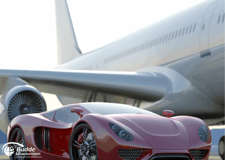 Roter Sportwagen mit glänzenden Felgen vor einem großen Flugzeug auf dem Flughafen. - Dein Luxusurlaub buchbar im Reisebüro Budde Urlaubseisen