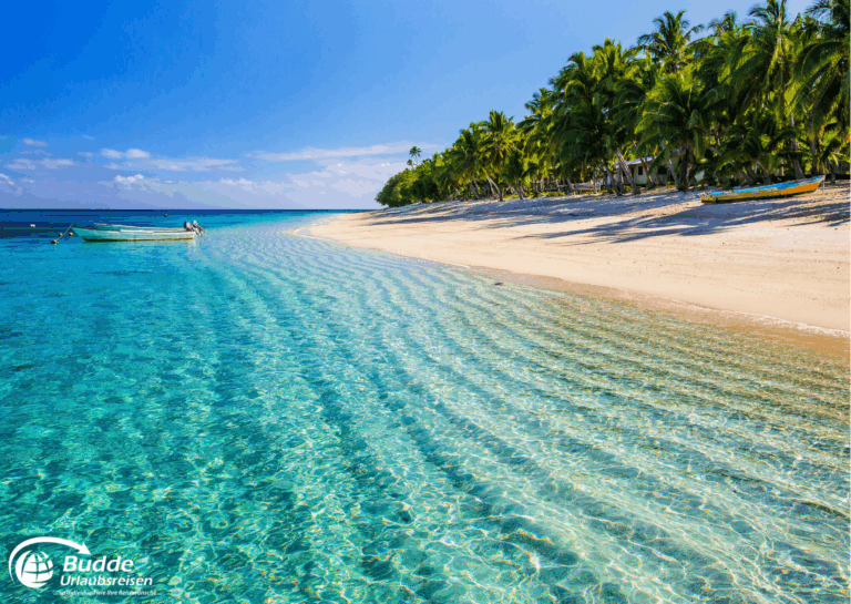 Ein klarer Strand in Fiji mit Palmen und einem Boot im Wasser. - Dein Luxusurlaub buchbar im Reisebüro Budde Urlaubseisen