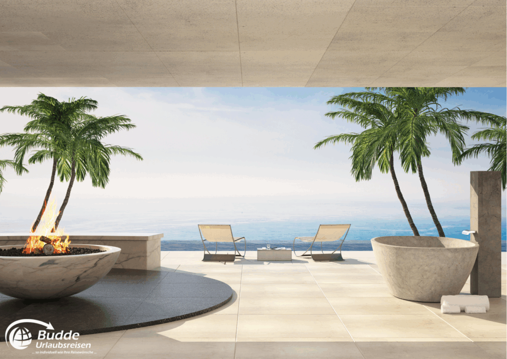Moderne Luxusvilla mit einem offenen Raum, Feuerstelle und Blick auf das Meer. - Dein Luxusurlaub buchbar im Reisebüro Budde Urlaubseisen