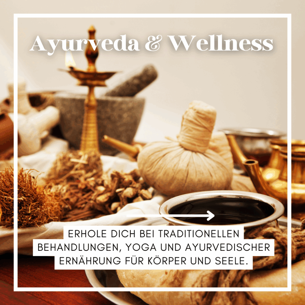 Verschiedene Ayurveda-Produkte wie Kräuter, Öle und Behandlungsutensilien auf einem Tisch. - Sri Lanka Rundreise buchen