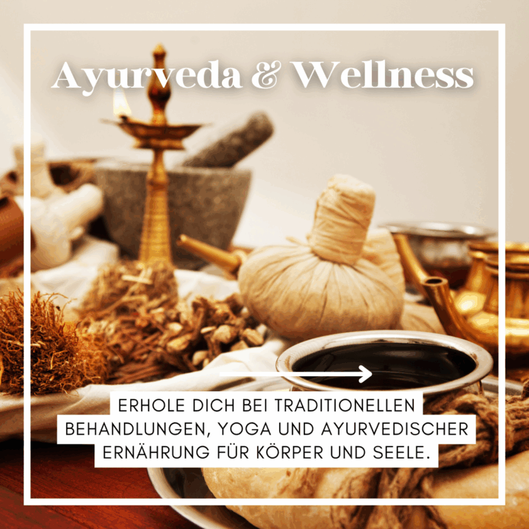 Verschiedene Ayurveda-Produkte wie Kräuter, Öle und Behandlungsutensilien auf einem Tisch. - Sri Lanka Rundreise buchen