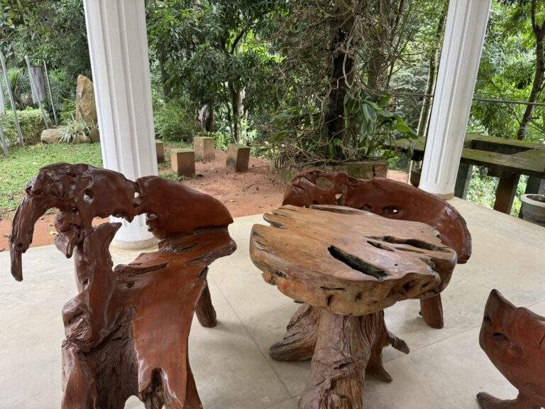 Kaffeeplantage in Kandy: Rustikale Holzmöbel aus massivem Holz, bestehend aus einem Tisch und Stühlen, in einer natürlichen Umgebung. - buchbar im Reisebüro Budde Urlaubseisen