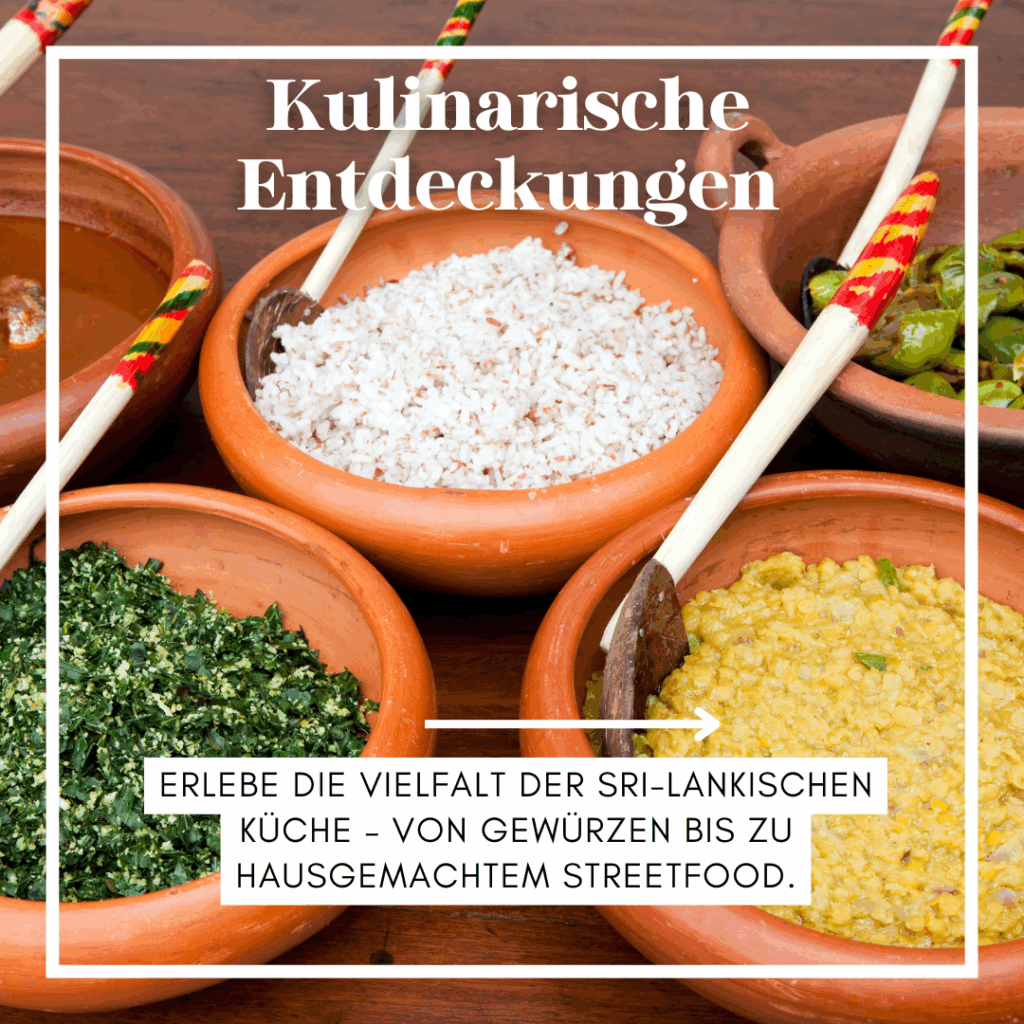 Schalen mit verschiedenen sri-lankischen Gerichten, darunter Reis, Gewürze und Gemüse. - Sri Lanka Rundreise buchen