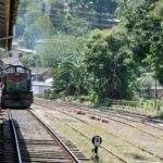 Ein Zug fährt am Bahnhof in Sri Lanka vorbei, während Passagiere auf dem Bahnsteig stehen. - Sri Lanka Urlaub buchen