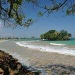Strand mit sanften Wellen und einer kleinen Insel im Hintergrund unter blauem Himmel. - Sri Lanka Urlaub buchen