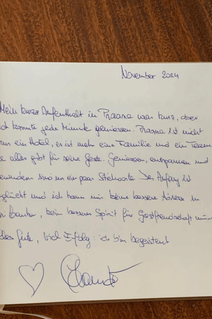 Handgeschriebene Kundenbewertung für das Praana Ayurveda Boutique Hotel mit persönlichen Eindrücken. - buchbar im Reisebüro Budde Urlaubseisen