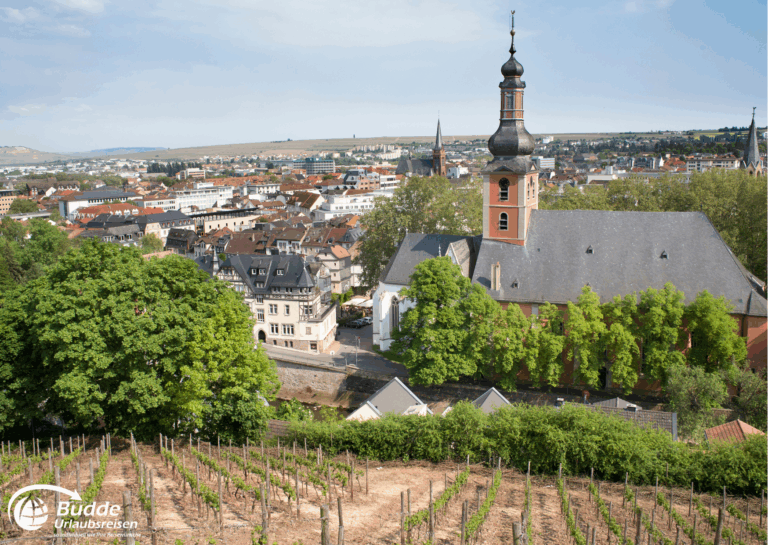 Urlaub an der Nahe: Blick auf die Stadt Bad Kreuznach mit Weinbergen im Vordergrund und einer Kirche im Hintergrund. - buchbar im Reisebüro Budde Urlaubseisen