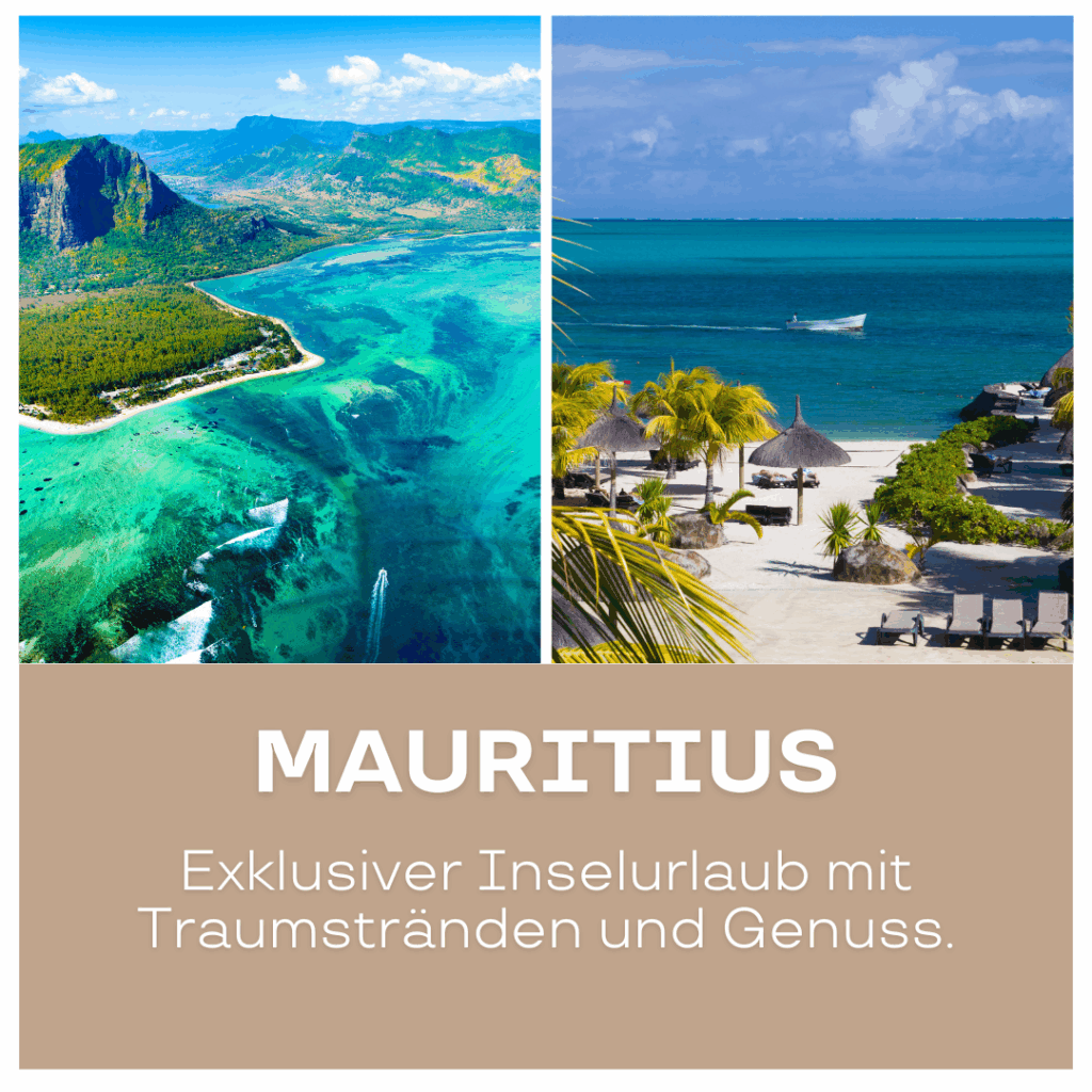 Luftaufnahme von Mauritius mit türkisfarbenem Wasser und Stränden auf der linken Seite. - Afrika Urlaub buchen