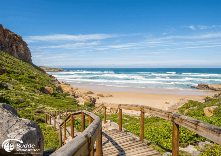 Kreuzfahrt Südafrika Holzsteg, der zu einem Strand mit Wellen und Felsen in Südafrika führt.