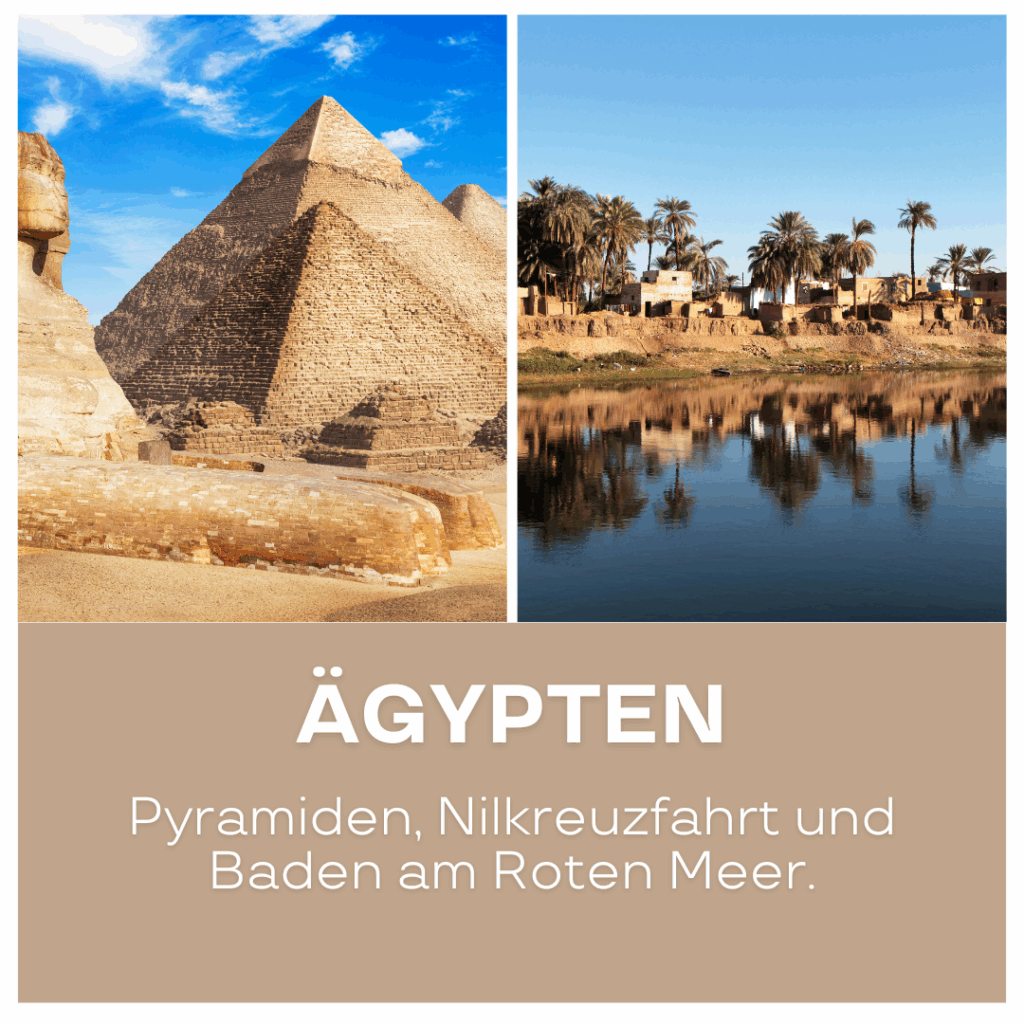 Zwei Bilder: Pyramiden in Ägypten und eine ruhige Landschaft mit Palmen und Wasser. - Urlaub in Afrika buchen