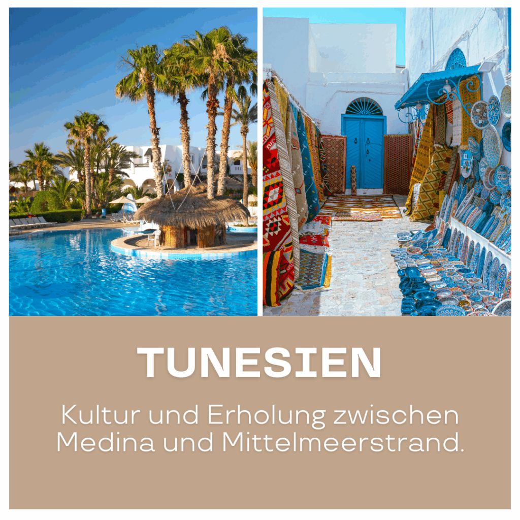 Pool area with palm trees and traditional Tunisian market scene featuring colorful textiles. - Afrika Urlaub buchen
