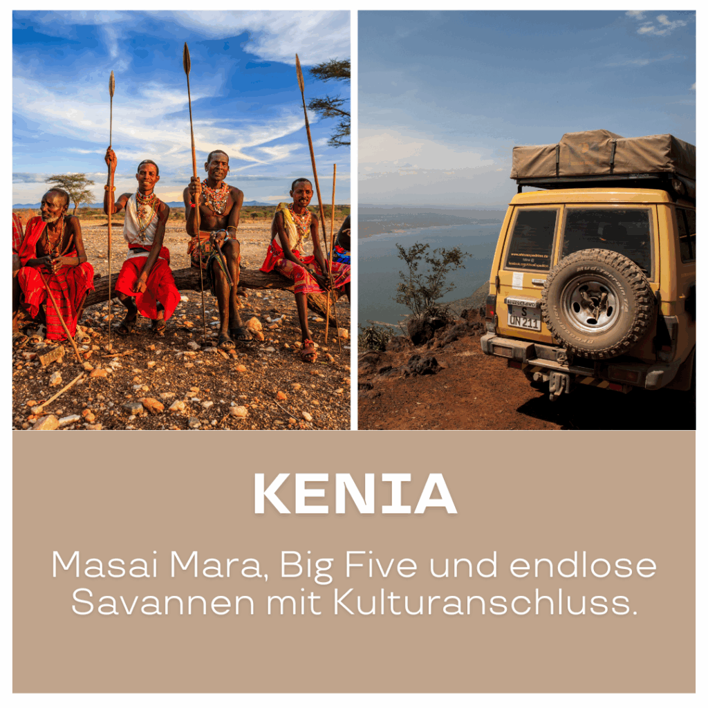 Drei Maasai-Krieger in traditioneller Kleidung und ein Geländewagen auf einer Savanne in Kenia. - Urlaub in Afrika buchen