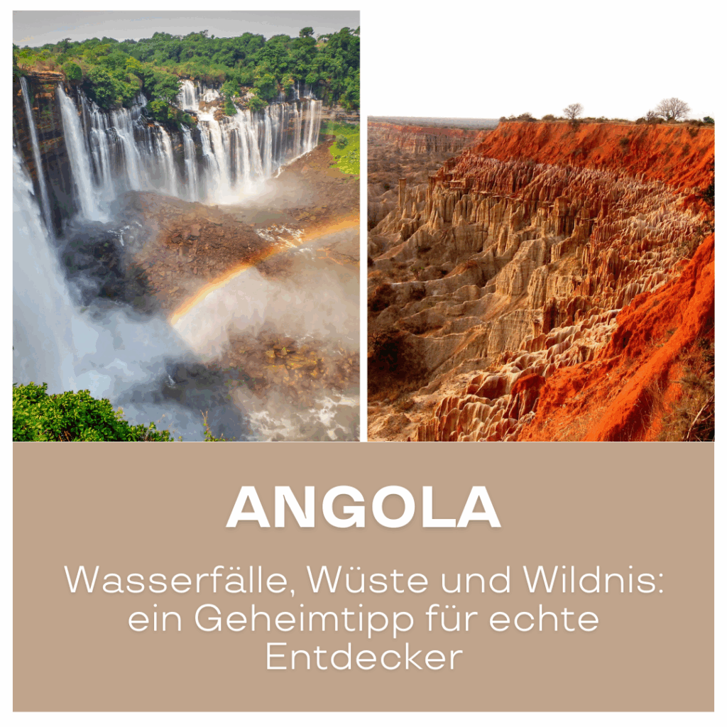 Reisetrends 2026: Bild von Wasserfällen und einer Wüstenlandschaft in Angola, mit bunten Felsen im Vordergrund.