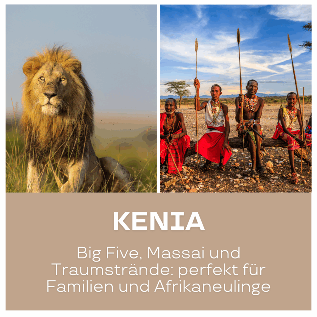 Reisetrends 2026: Ein Löwe steht majestätisch im Vordergrund, während eine Gruppe von Maasai in traditioneller Kleidung posiert.
