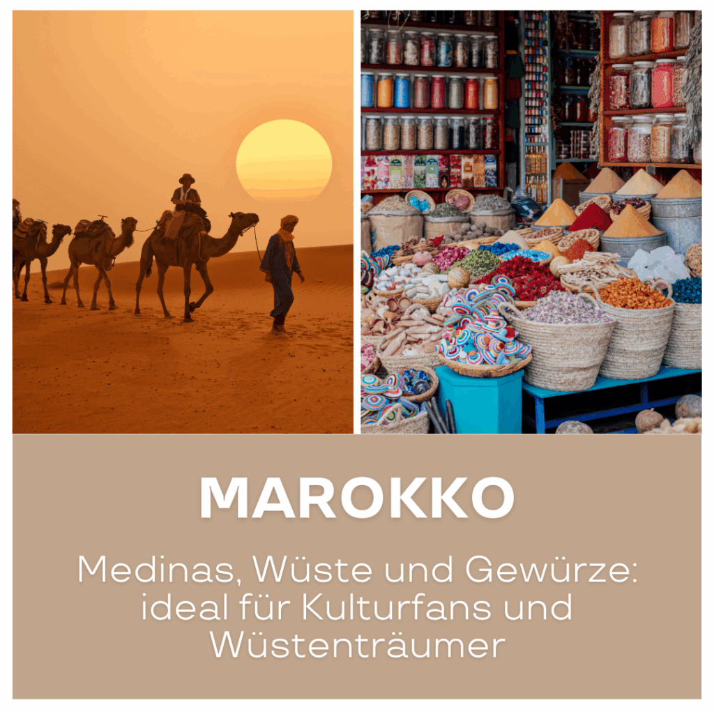 Reisetrends 2026: Zwei Szenen aus Marokko: Kamele in der Wüste und ein Gewürzmarkt mit bunten Körben.