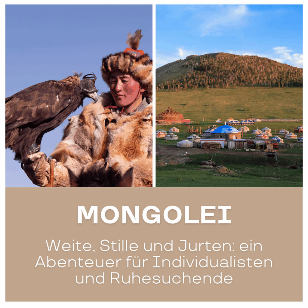 Reisetrends 2026: Ein mongolischer Mann in traditioneller Kleidung mit einem Adler auf dem Arm, neben einer Jurte-Landschaft.