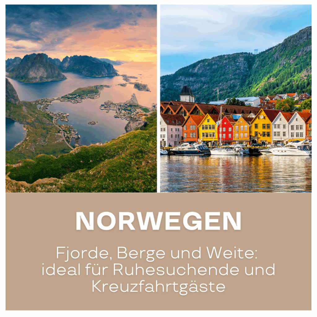 Reisetrends 2026: Landschaft von Norwegen mit Fjorden, Bergen und bunten Gebäuden am Wasser.