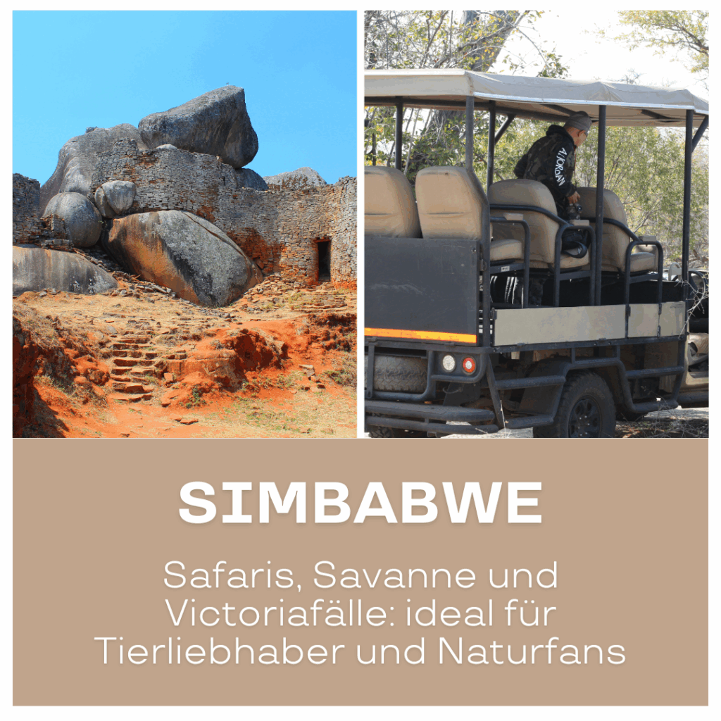 Reisetrends 2026: Große Felsenformation neben einem Safari-Fahrzeug in Simbabwe, das für Tierbeobachtungen genutzt wird.